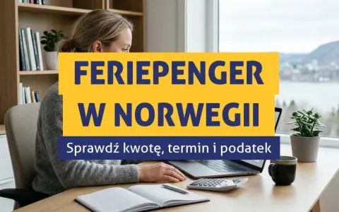 Kobieta pracuje przy biurku, na ekranie laptopa widnieje napis "FERIEPENGER W NORWEGII". Sprawdź kwotę, termin i podatek.