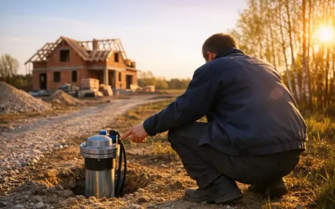 Mężczyzna sprawdza pompę do studni głębinowej. W tle budowa domu. To może być wzór zgłoszenia budowy studni głębinowej.