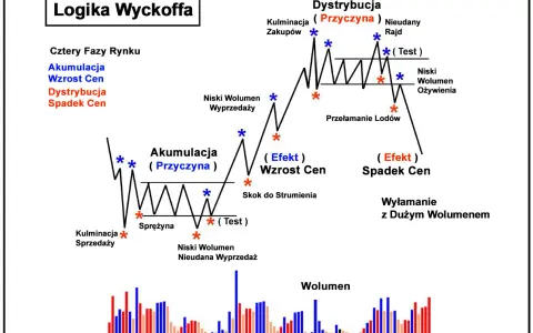 Schemat Logiki Wyckoffa: faza akumulacja (przyczyna) z testem i sprężyną, prowadząca do wzrostu cen. Poniżej wykres wolumenu.