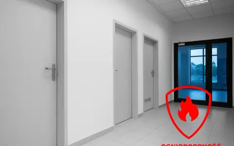 Korytarz z kilkoma drzwiami, w tym jedne przeszklone. Czerwona tarcza z płomieniem symbolizuje ognioodporność, ważne przy wyborze drzwi do kotłowni.