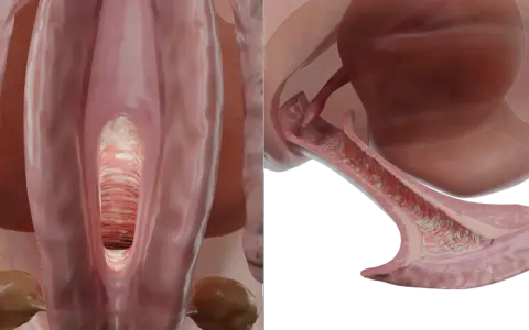 Vista 3D del canal vaginal con aspecto blanquecino y rugoso, indicativo de síntomas de candidiasis vaginal.