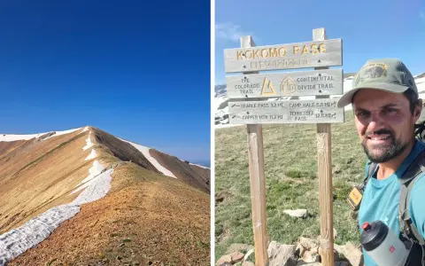 Mann am Kokomo Pass, 12.022 Fuß hoch, auf dem Colorado Trail und Continental Divide Trail. Bergkamm mit Schnee und blauem Himmel.