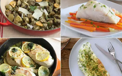 Cuatro platos deliciosos y comidas fáciles de hacer: alcachofas, pescado con verduras, pollo al limón y tortilla.
