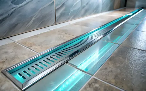 Nowoczesny odpływ liniowy z podświetleniem LED, który zapobiega błędom montażu i dodaje elegancji łazience.