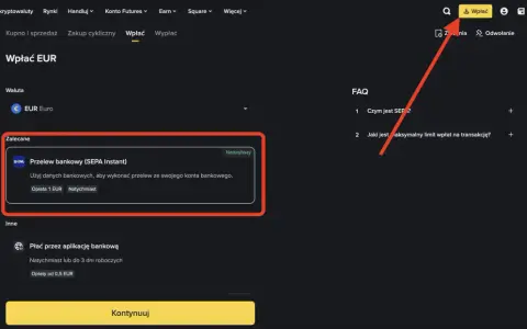 Wpłata EUR na Binance przez SEPA Instant. Prowizja 1 EUR. Podobnie jak w Revolut, można kupić kryptowaluty.