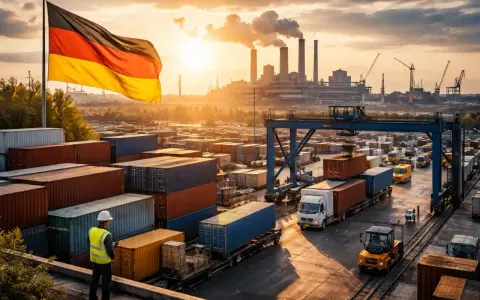 Niemiecka gospodarka w pełnym rozkwicie: port pełen kontenerów, ciężarówki i dźwigi pod flagą Niemiec, w tle elektrownia.