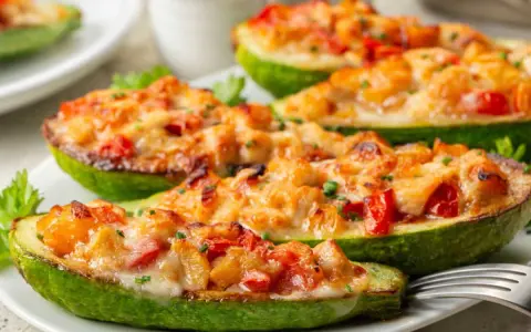 Courgettes farcies appétissantes, garnies de fromage fondant et de légumes colorés, prêtes à être dégustées.