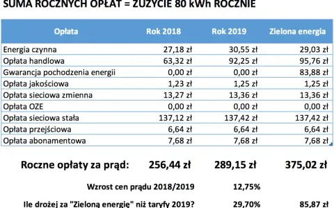 Tabela porównuje roczne opłaty za energię elektryczną, pokazując wzrost cen i koszt "zielonej energii". Szacunek 80 kWh rocznie. Szacunek "zielonej energii" pokazuje wyższy koszt, ale też szacunek dla środowiska.