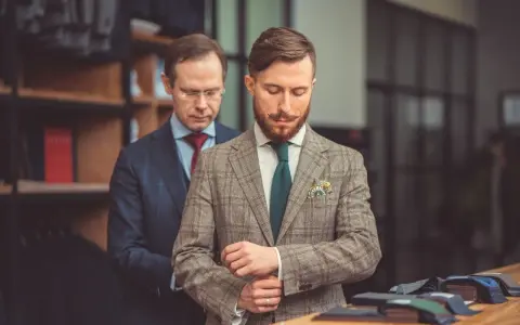 Elegancki garnitur dla świadka, dopasowywany przez krawca. Mężczyzna z wąsikiem przymierza tweedową marynarkę w kratę.