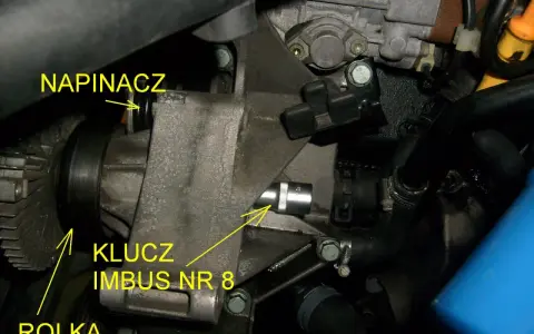 Napinacz paska klinowego Audi A4 B5 1.9 TDI. Klucz imbus nr 8 do regulacji napinacza rolki.