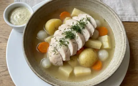 Varm kycklingsoppa med potatis, morötter och lök. Perfekt kycklingfile innertemp. Serveras med en krämig sås.
