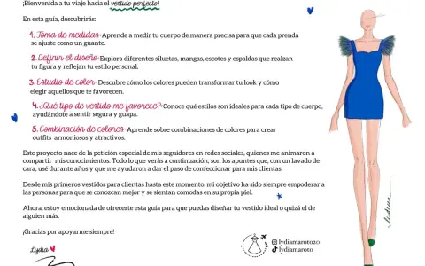 Guía para aprender como diseñar un vestido: toma de medidas, diseño, color y siluetas. Ilustración de un vestido azul y maniquí.