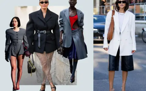 Kobiety w stylowych garsonkach: szarej, czarnej i białej. Eleganckie marynarki i spódnice lub szorty tworzą modne zestawy.
