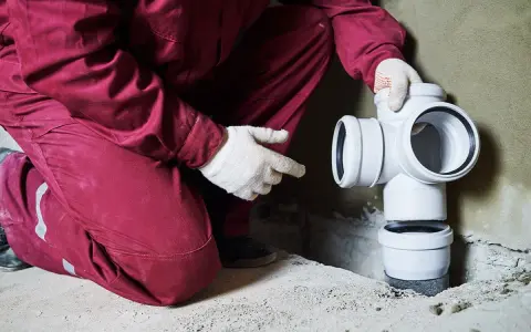 Instalator w czerwonym kombinezonie montuje białe rury kanalizacyjne. To część systemu odprowadzającego popłuczyny ze zmiękczacza wody.