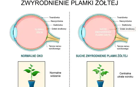 Porównanie normalnego oka z suchym zwyrodnieniem plamki żółtej. Obrazek pokazuje, jak obrzęk plamki żółtej wpływa na widzenie.