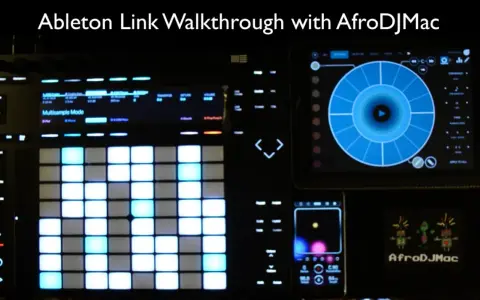 Sprzęt muzyczny z podświetlanymi padami, ekranem i tabletem, gotowy do synchronizacji dzięki **Ableton Link**.