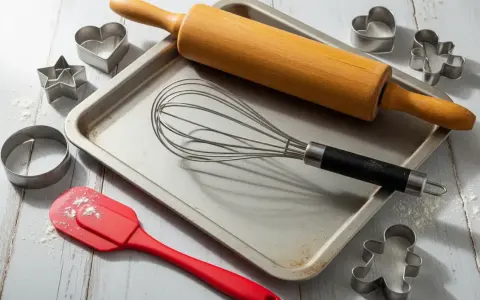 Utensilios de repostería: rodillo, batidor, espátula y varios tipos de moldes para galletas (corazón, estrella, hombrecito, círculo).