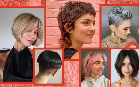 Collage di acconciature con tagli corti pratici: bob biondo, pixie grigio, caschetto a fungo, mullet castano e bob rosa.