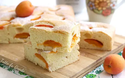 Fette di torta alle albicocche cremosa, soffice e profumata, con albicocche fresche e zucchero a velo.