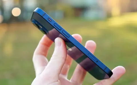 En hand håller en blå iPhone 12 mini grön.
