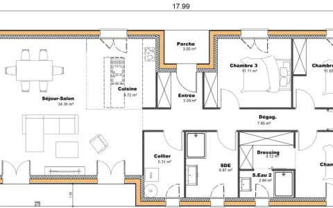 Plan d'une maison de plain-pied avec séjour-salon, cuisine, 3 chambres, terrasse bois. Idéal pour un projet de plan longère plain pied.