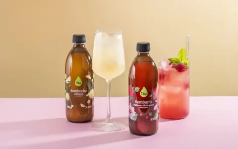 Kombucha co to? Dwie butelki kombuchy Olini: imbirowej i malinowo-hibiskusowej, obok orzeźwiających napojów z lodem.