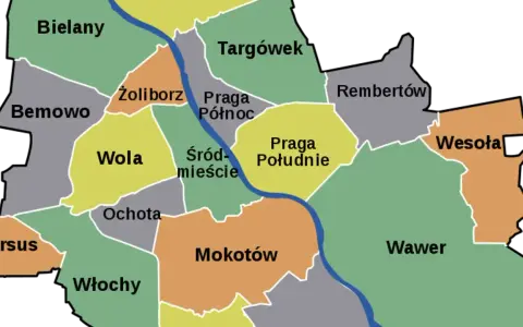 Mapa przedstawia podział na dzielnice Warszawy, w tym Wola, Mokotów, Praga Północ i Południe, Bemowo, Bielany, Żoliborz, Ochota, Ursus, Włochy, Targówek, Rembertów, Wesoła i Wawer.