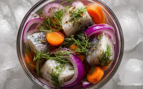 En skål med inlagd sill, rödlök, morötter och dill, serverad på is. En klassisk svensk rätt, perfekt för midsommar.
