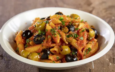 Penne con sugo rosso, olive nere e verdi, capperi e prezzemolo. Un piatto di pasta alla puttanesca invitante e saporito.