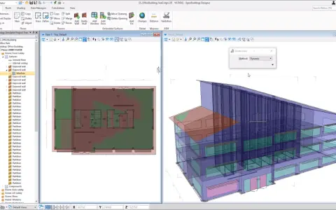 Interfaz de software para diseño de edificios, mostrando un modelo 3D y planos. Se observan herramientas BIM para la creación y modificación de elementos arquitectónicos.