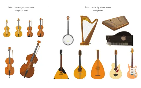 Instrumenty strunowe smyczkowe i szarpane: skrzypce, altówka, wiolonczela, kontrabas, harfa, banjo, gitary, mandolina, bałałajka, cymbały.
