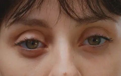 Gros plan sur des yeux verts, l'un d'eux présente une poche sous l'œil gonflée, signe d'une nuit agitée.