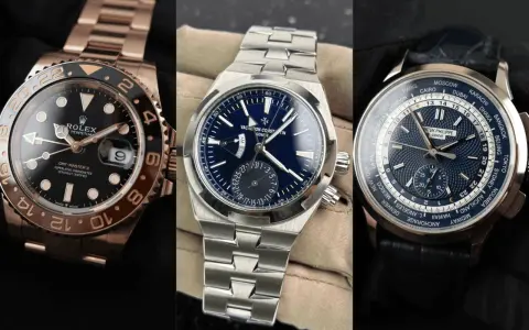 Tre orologi di lusso: Rolex GMT-Master II, Vacheron Constantin e Patek Philippe con complicazioni per fusi orari, mostrando il significato di GMT.