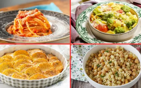 Un viaggio tra 10 piatti tipici del Lazio: spaghetti al pomodoro, pasta con verdure, patate al forno e pasta e ceci.