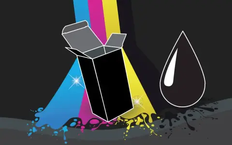 Caja abierta con salpicaduras de tinta cian, magenta y amarilla. Una gota de tinta **negro cmyk** cae a la derecha.