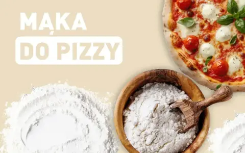Idealna mąka do pizzy: świeża, biała mąka w drewnianej misce obok pysznej Margherity.