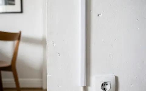 Une goulotte blanche est fixée verticalement sur un mur blanc, dissimulant des câbles. Une prise électrique est visible en bas à droite.