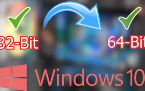 Windows 10: Von 32-Bit auf 64-Bit umsteigen. Ein Pfeil zeigt den Wechsel an, mit Häkchen für beide Optionen.