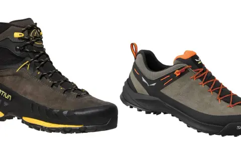 Dwa modele obuwia hikingowego: wysoki but La Sportiva i niski but Salewa, gotowe na górskie wyzwania.