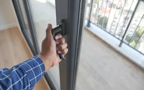 Dłoń chwyta za klamkę, wykonując regulację drzwi balkonowych dwuskrzydłowych. Widok na balkon i miasto.