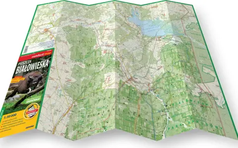Mapa turystyczna Puszczy Białowieskiej, pokazująca szlaki, jeziora i tereny Parku Narodowego. Idealna, by zaplanować wycieczkę i dowiedzieć się, gdzie jest Puszcza Białowieska.