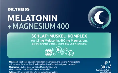 Dr. Theiss Melatonin + Magnesium 400: Schlaf-Muskel-Komplex mit 400mg Magnesium für erholsamen Schlaf. 30 Sachets.