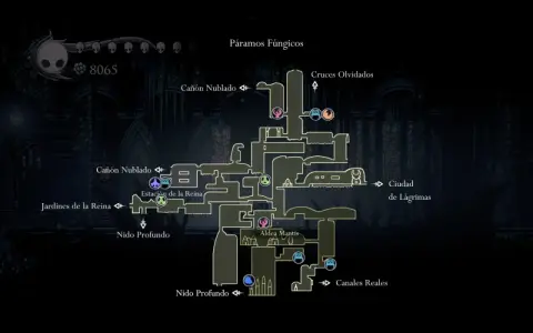 Mapa de Páramos Fúngicos en Hollow Knight. Se ven zonas como Cañón Nublado, Jardines de la Reina y Aldea Mantis, con iconos de larvas.