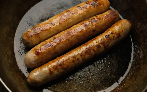 Drei goldbraune Bratwürste brutzeln in einer Pfanne. Perfekt für leckere Bratwurst Rezepte!