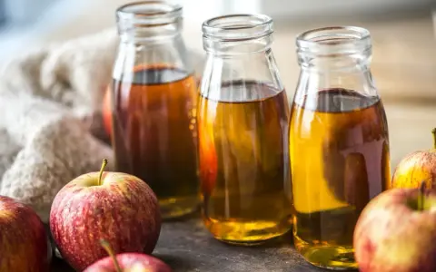 Tre bottiglie di aceto di mele, un rimedio naturale per i capelli prima dello shampoo, accanto a mele rosse su un tavolo di legno.