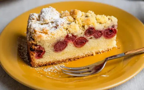 Ein saftiger Kirschkuchen aus der Springform, bestäubt mit Puderzucker und Streuseln, auf einem gelben Teller mit einer Gabel.
