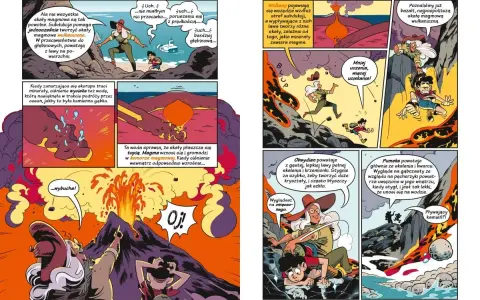 Jak wygląda komiks: naukowcy badają wulkany, lawę i minerały. Dzieci uciekają przed erupcją, a potem obserwują pływające kamienie.