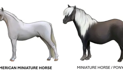 Due cavalli di piccola razza: un American Miniature Horse bianco e un Miniature Horse/Pony scuro con criniera bianca.