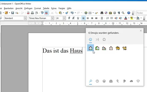 Fenster mit gefundenen Emojis, darunter Häuser und Hunde. Eine emoji tastenkombination wird hier gezeigt.