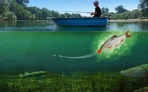 Ein Angler im Boot wirft eine Leine aus. Unter Wasser schnappt ein Hecht nach einem Köderfisch, der wie ein Feuerball aussieht.